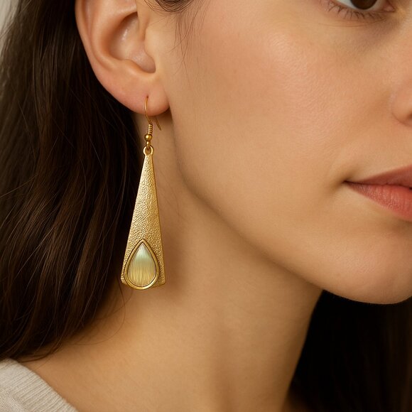 Elegant Gold Teardrop Earrings with Iridescent Shell Detail, Statement Jewelry - Picture 2 of 3